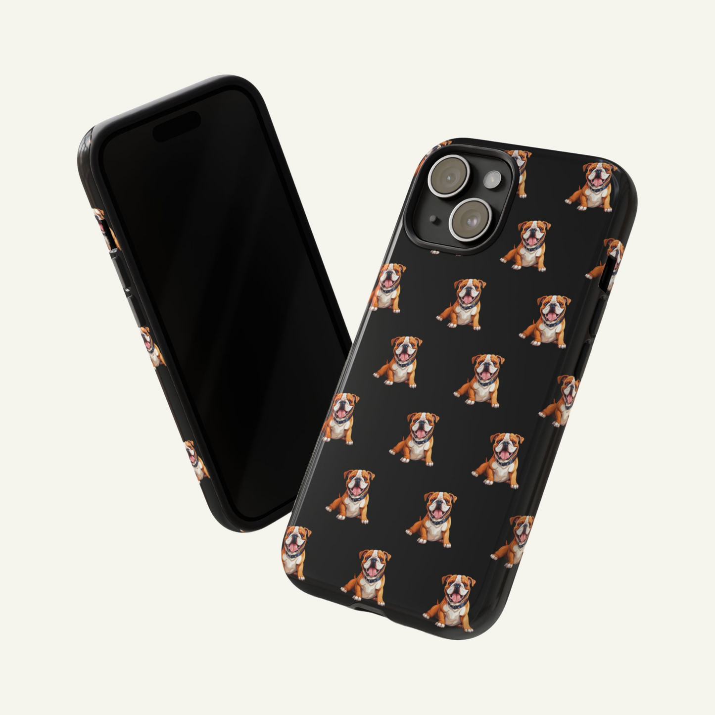 Black bulldog phone case for Apple Iphone, Samsung Galaxy and Google Pixel devices.