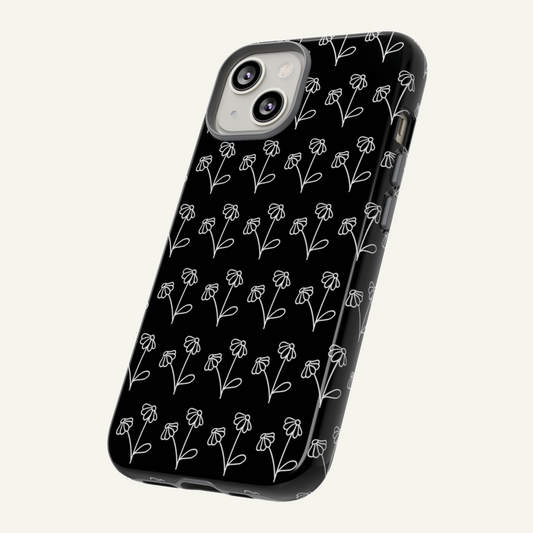 Black phone case with flower design Iphone 16 - X, Samsung Galaxy S20 -S24, Google Pixel 6 - 8