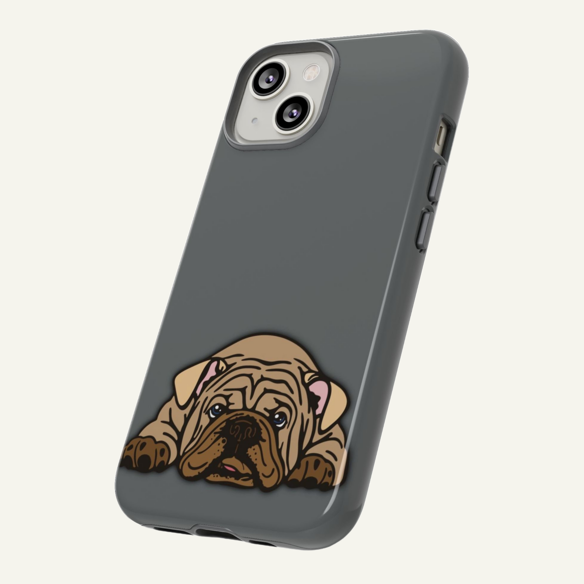 Gray bulldog phone case for Apple Iphone, Samsung Galaxy and Google Pixel devices.